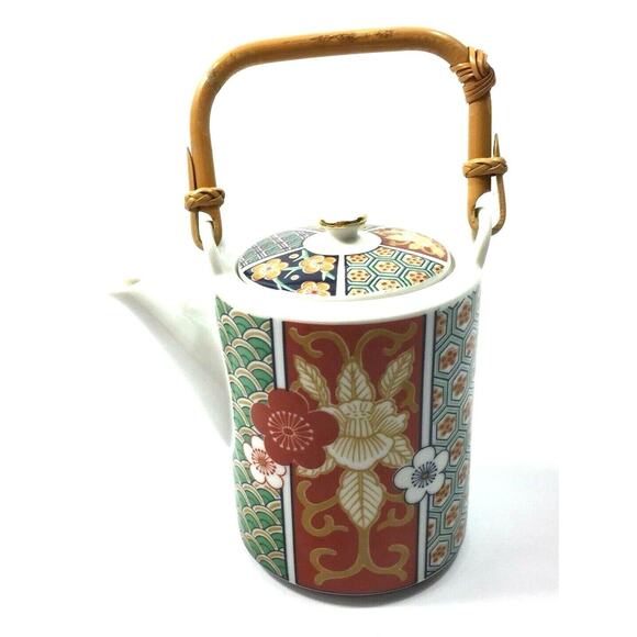 Oriental Teapot & 4 Tea Cups Green Red Blue Floral Gold Rattan Handle Home Decor - Picture 4 of 13
